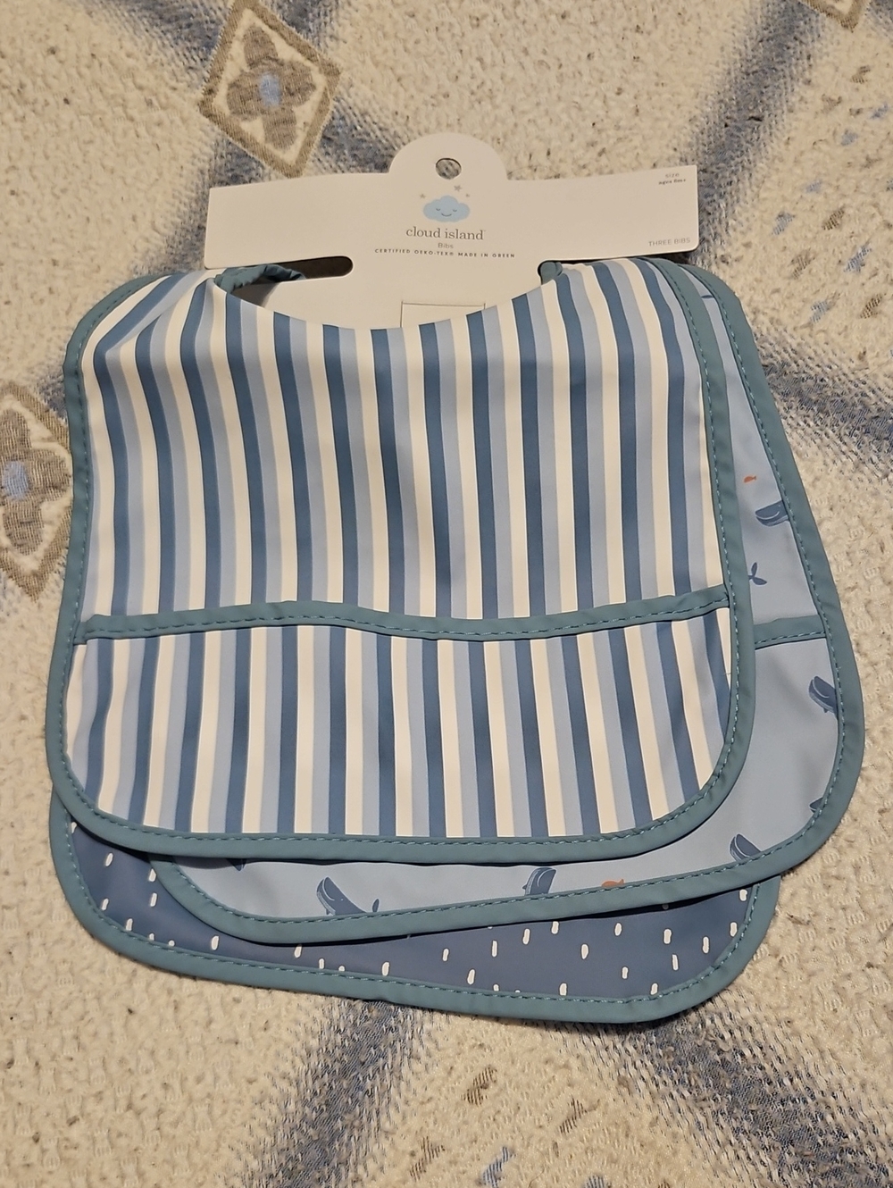cloud island Blue Striped and Whale Print Waterproof Bib Set.
